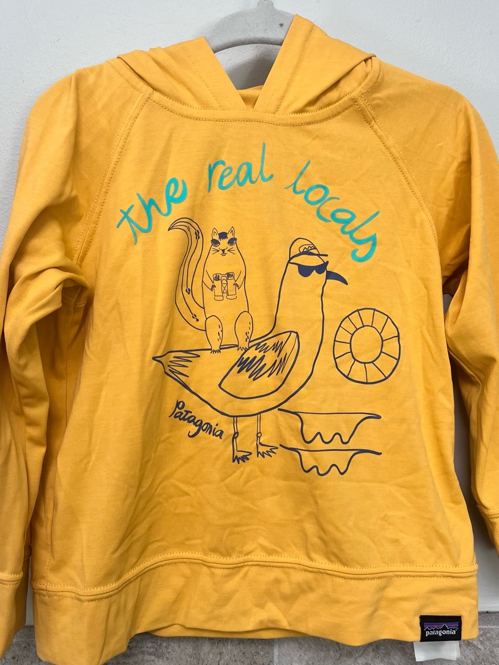 Patagonia Kids Yellow Beach Vibes Hoodie with Teal Script